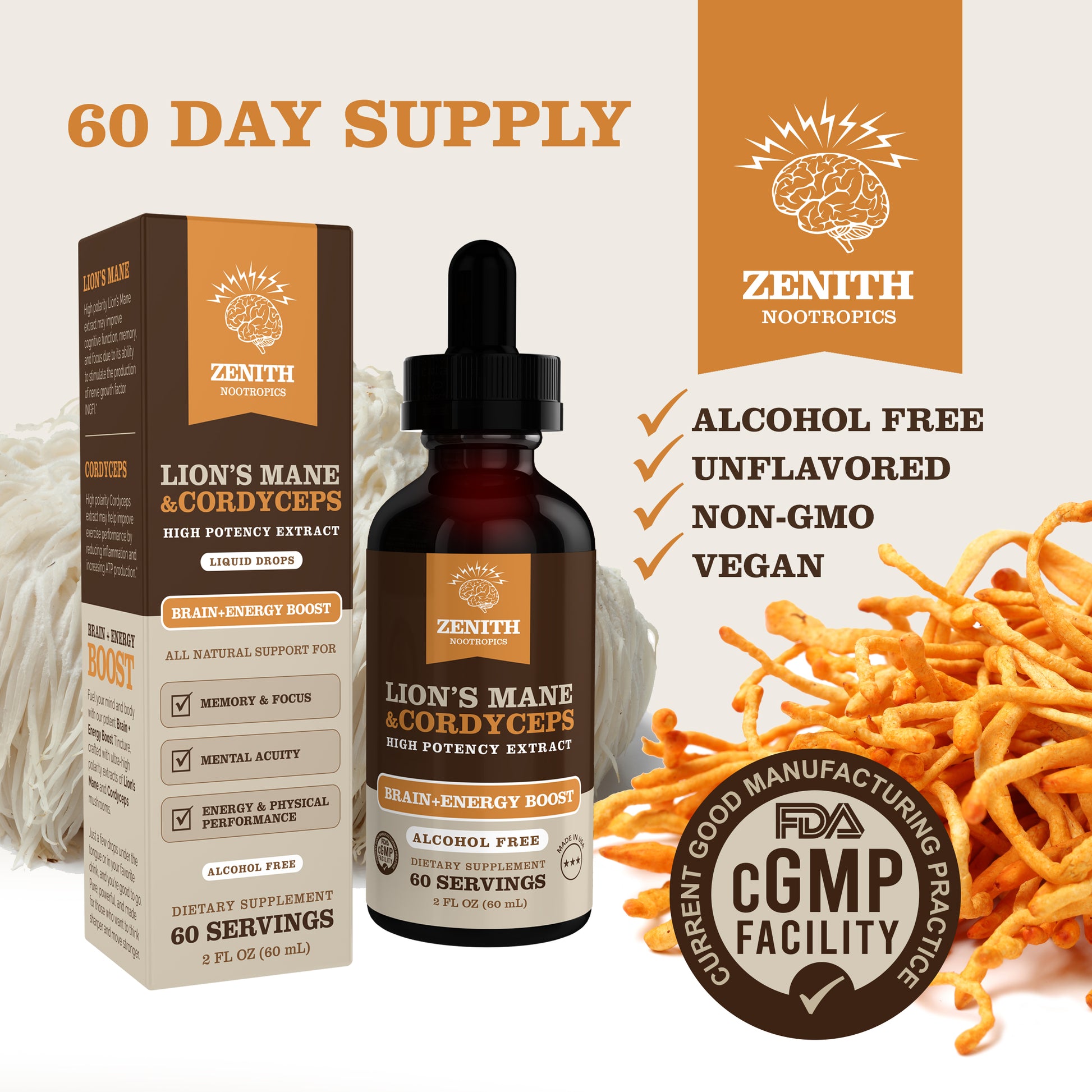 Zenith Nootropics Lion's Mane and Cordyceps Brain and Energy Boost